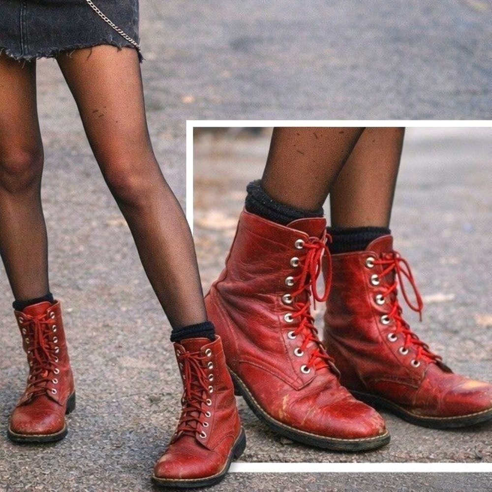 Red Leather Combat Boots Lace Up Vintage Distressed Grunge 90s Women's‎ 5.5 D